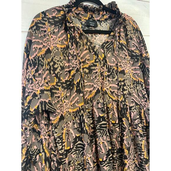 Vici Size MED Long Sleeve Dress Ruffled Collar Fall Colors Chic Classic - Picture 6 of 6